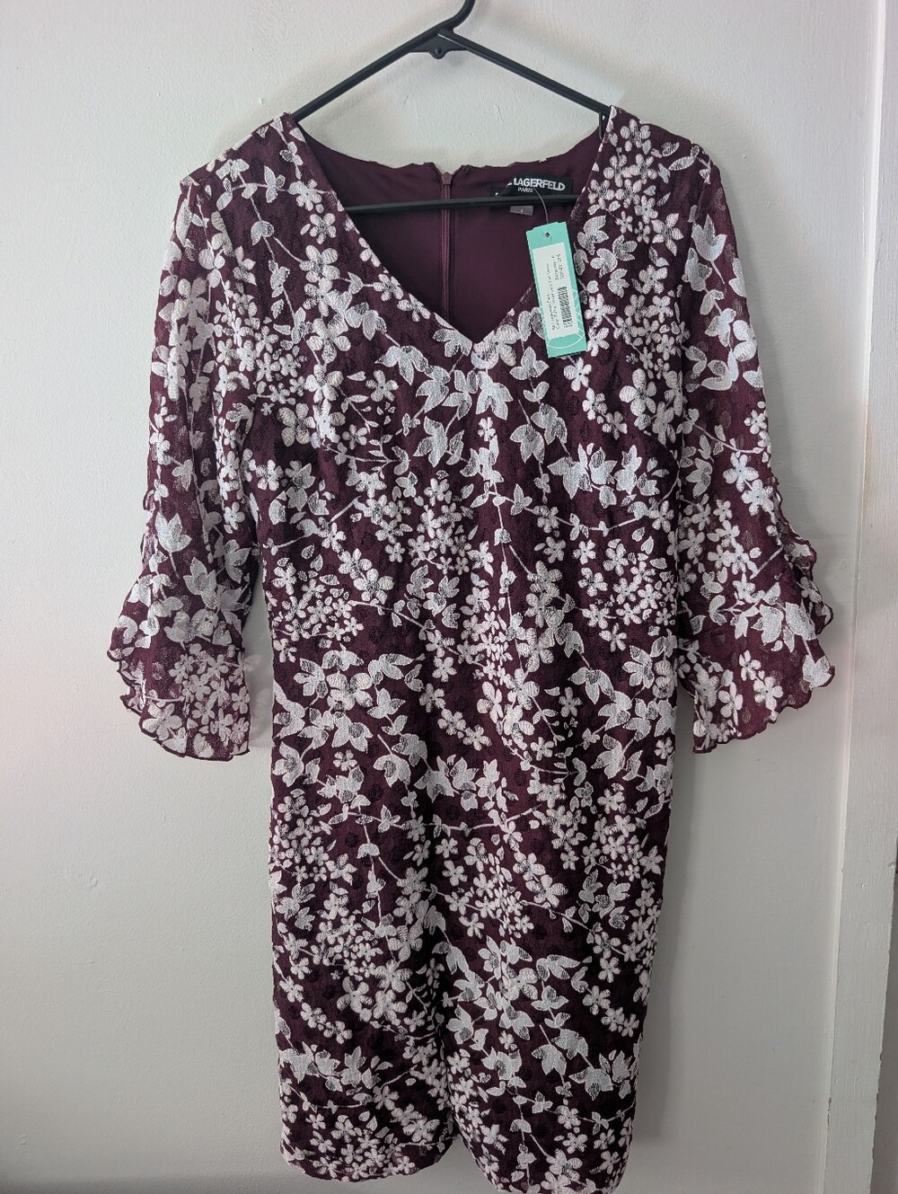 Karl Lagerfeld Burgundy Ruffle Lace Floral Dress NWT Size 6